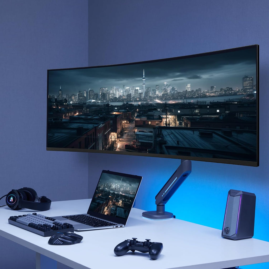 AVLT Single 27'-45' RGB Gaming Monitor Arm Desk Mount Built-in 20 Lighting Modes Touch Button Control Fits Flat/Curved/Ultrawide Screens Height Swivel Tilt Rotation Adjustable Stand -Dark Gray