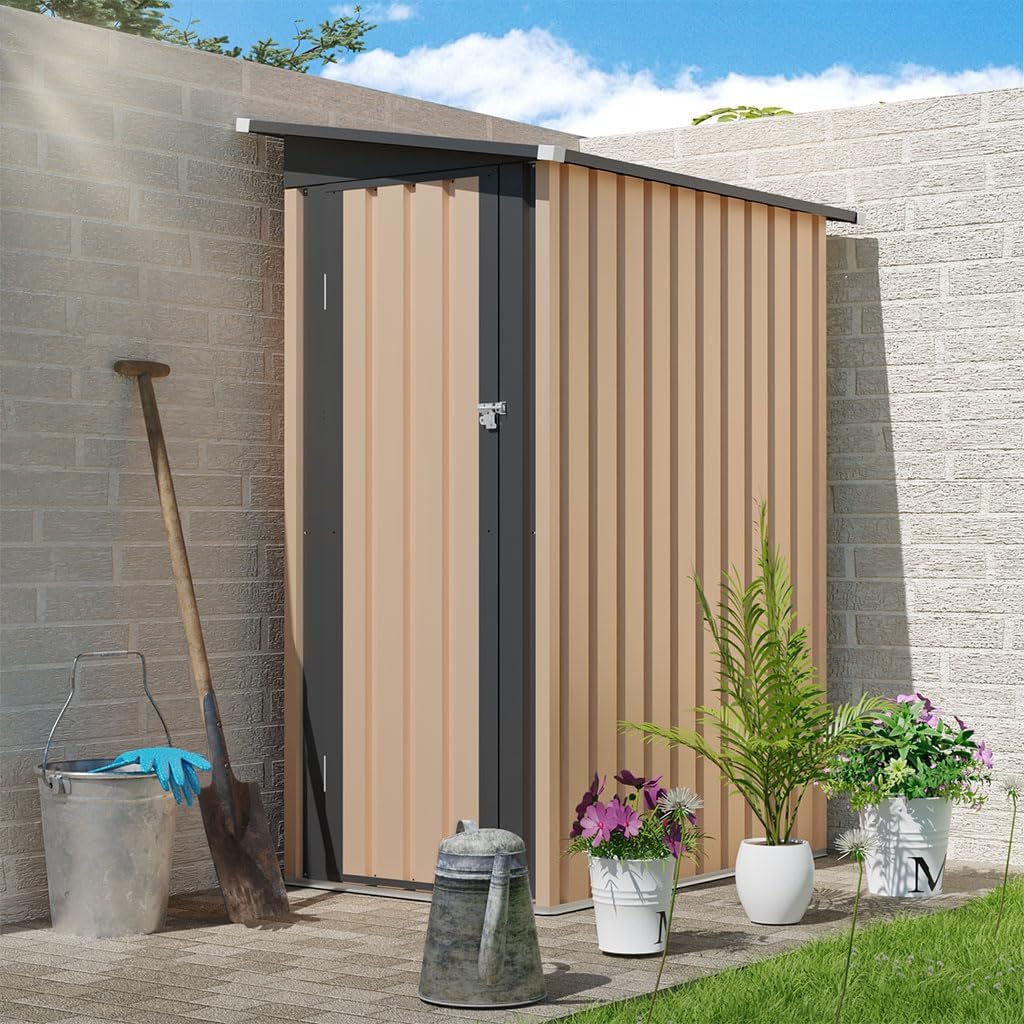 5×3 FT Metal Outdoor Lean-to Storage Shed, Galvanized Steel Garden Tool Shed with Sloping Roof, Lockable Door, Weather-Resistant Backyard Storage for Trash Cans, Bikes & Patio Equipment