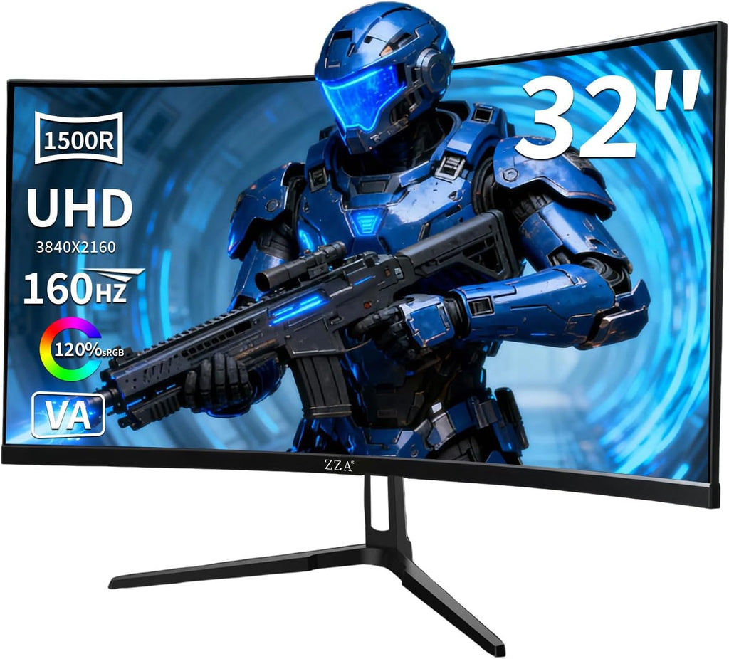 ZZA 32 Inch 4K Curved Gaming Monitor 160Hz Computer Moniter UHD 3840x2160P 1500R Curved VA Screen, Supports AMD Freesync, 120% sRGB HDR10, Wall Mountable Installs, wiht HDMI 2.1 * 2/DP 1.4 * 2, Black