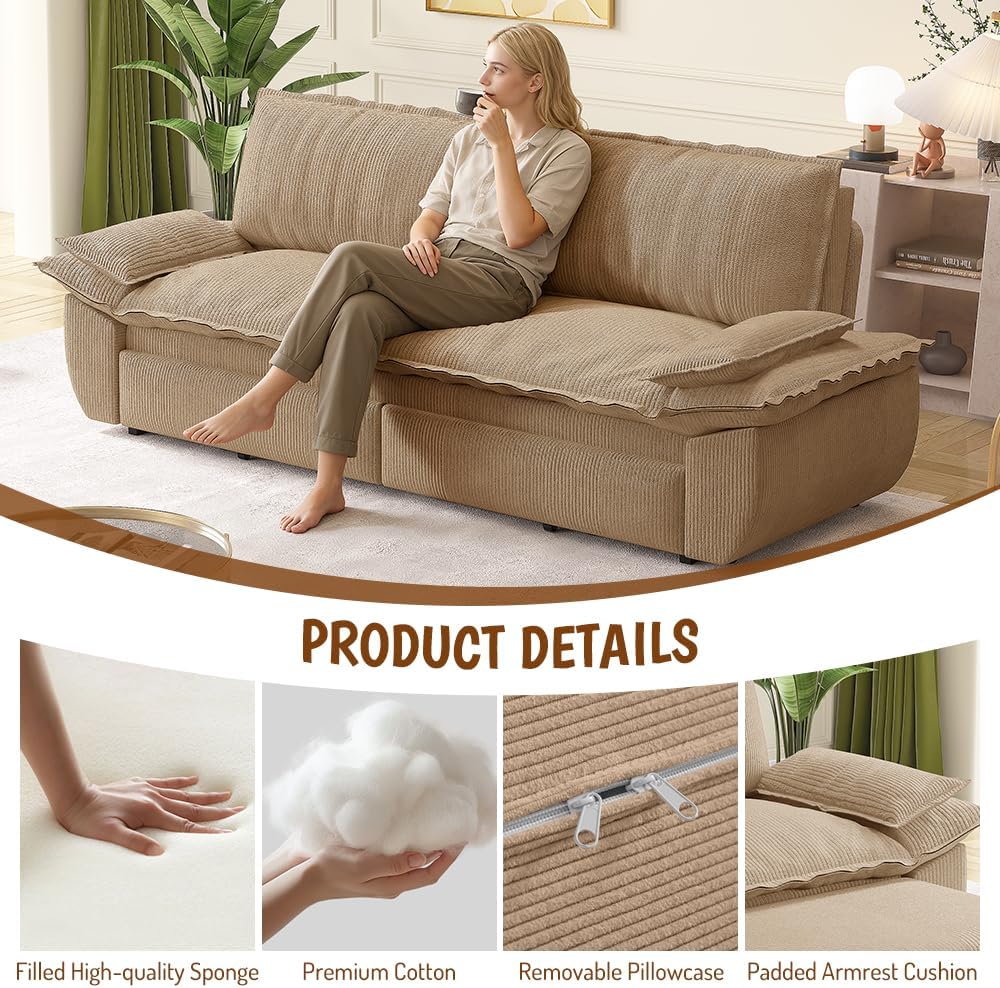 73.2' Sleeper Sofa Bed Queen, 3-in-1 Convertible Couch, Modern Pull Out Couches, Comfy Corduroy Futon Sofa, Cloud Loveseat Lounge, Pillow Arm for Small Spaces, Living Room, Apartment, Camel
