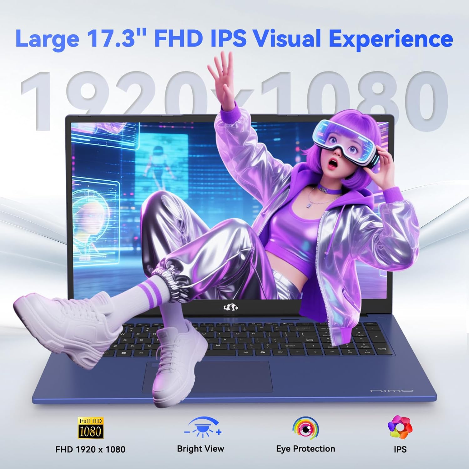 NIMO 17.3' FHD Gaming Laptop – AMD Ryzen 7 7735HS 8-Core/16-Thread, Radeon 680M Graphics, 16GB DDR5, 2TB NVMe SSD, Light Gaming & Esports Ready, Backlit Keyboard, Fingerprint Unlock, 100W PD Type-C