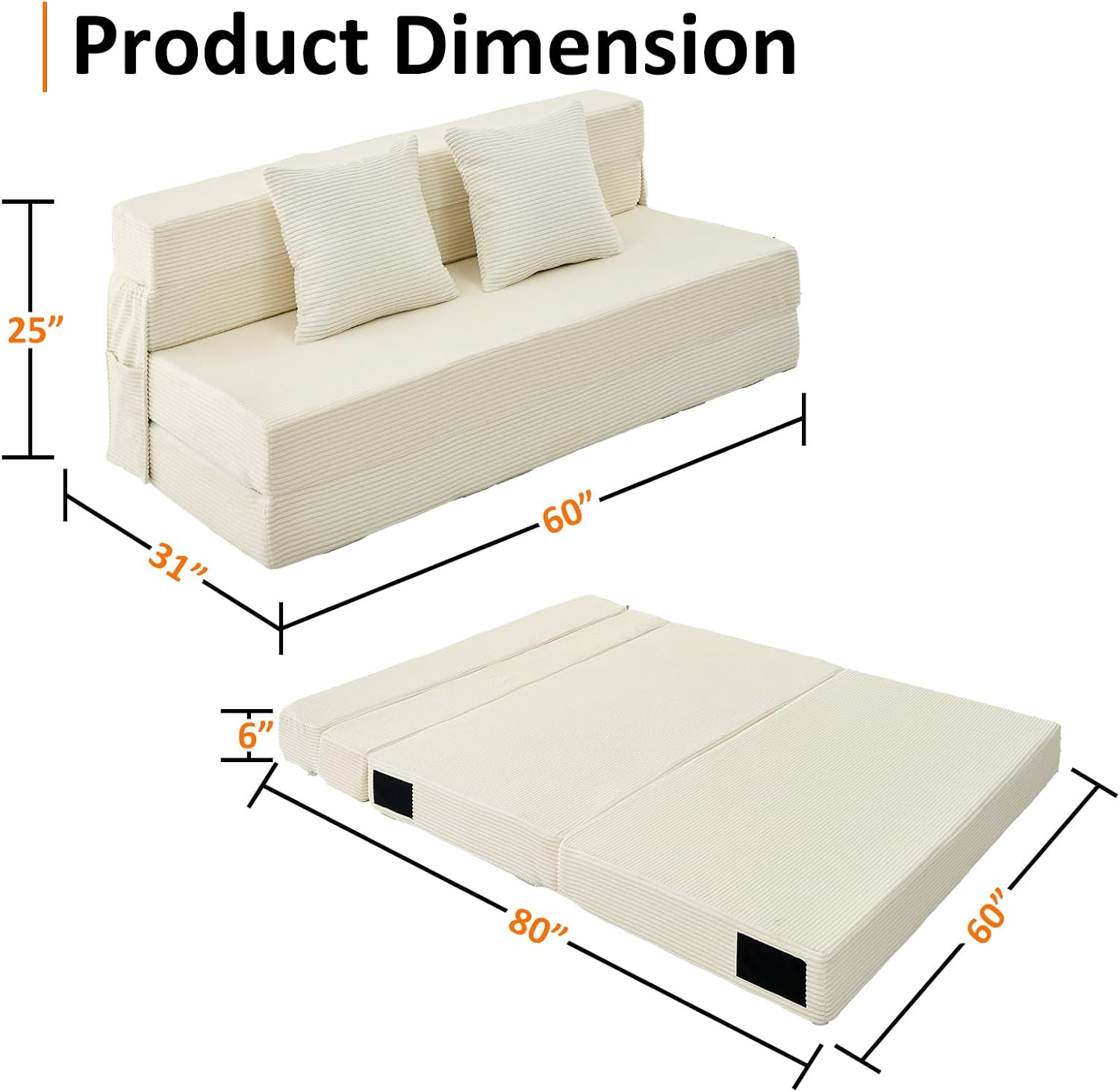 JKMAX Queen Size Folding Sofa Bed - 4 in 1 Convertible Sleeper Chair with Two Pillows - High Density Memory Foam Futon Couch - Foldable Bed for Living Room Bedroom (Beige)