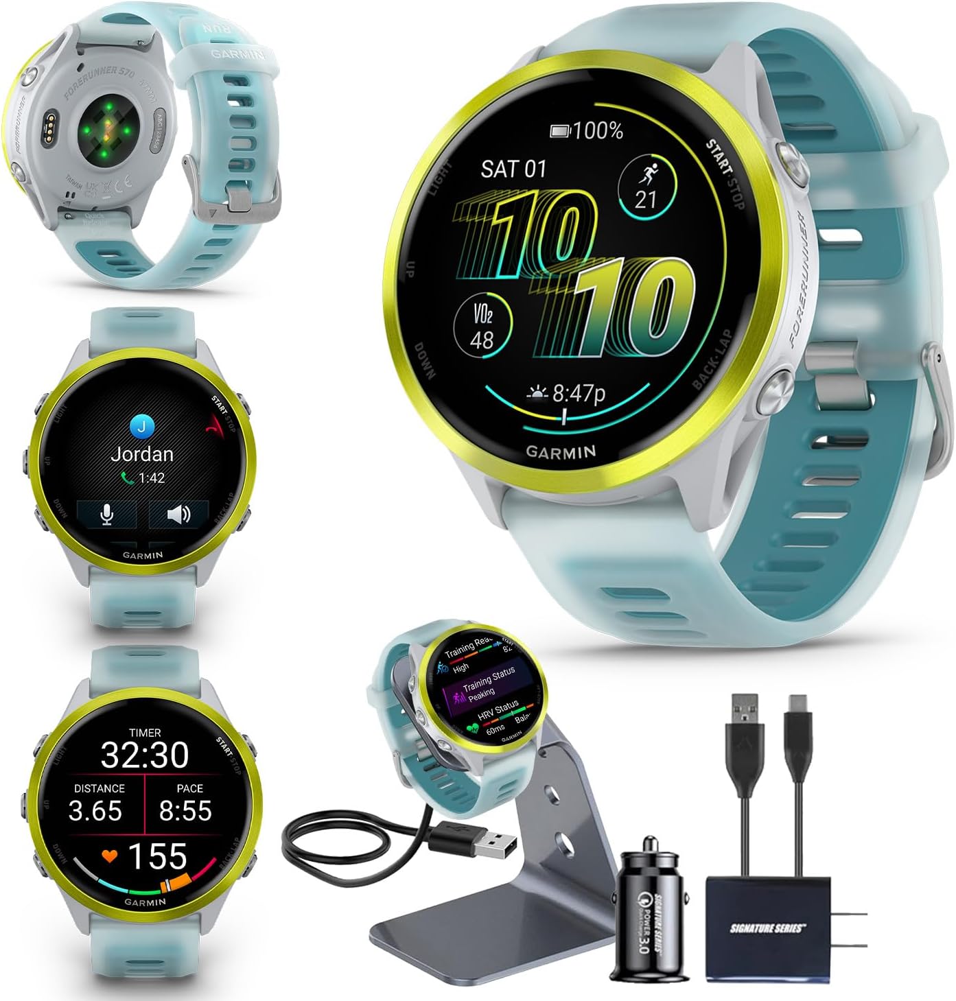 Garmin Forerunner 570 47mm GPS Running Smartwatch, Amp Yellow | Advanced Training & Recovery, Sleep Coach, Heart Rate, Download Music, Up to 11 Day Battery | Signature Series Charging Stand Bundle