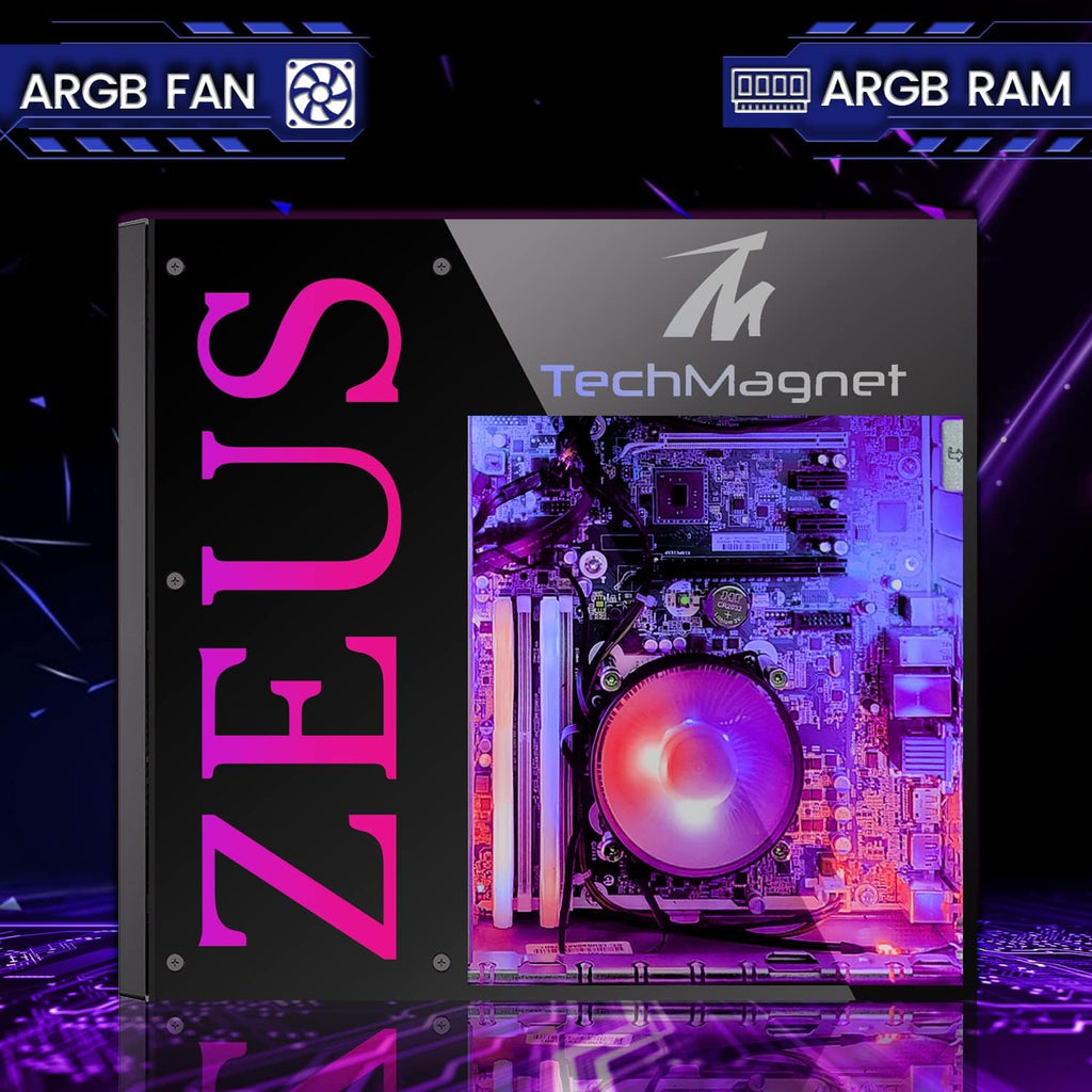 TechMagnet Gaming Desktop PC, Intel i5 4th Gen, Zeus Pro 4, GT 1030 2GB DDR5, 8GB RAM ARGB, 256GB SSD, 27 Inch 75hz Monitor, RGB Kit, Windows 11 (Renewed)
