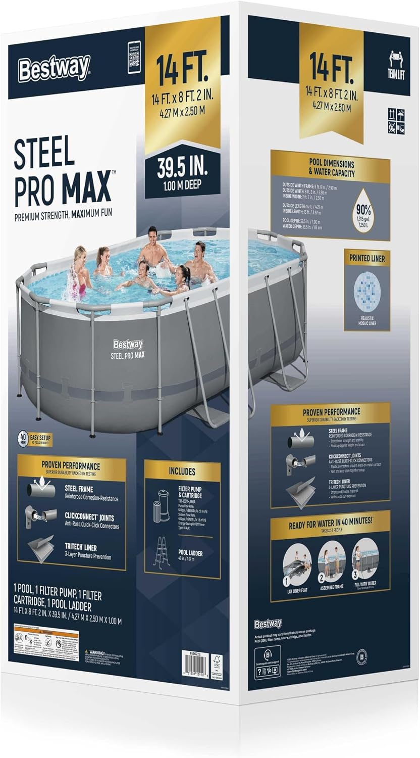 Bestway Steel Pro MAX 14' x 8'2' x 39.5' Oval Above Ground Swimming Pool Set, 530 GPH Filter Pump, Ladder, Tritech Puncture Resistant Liner, ClickConnect Steel Frame, Gray