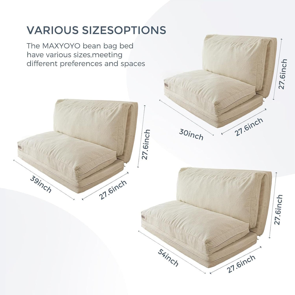 MAXYOYO Folding Sofa Bed, Floor Sofa Convertible Sleeper Chair with Washable Cover, Floor Couch Lounge Bean Bag Chair Bed for Living Room, Beige, 39x95 Inch