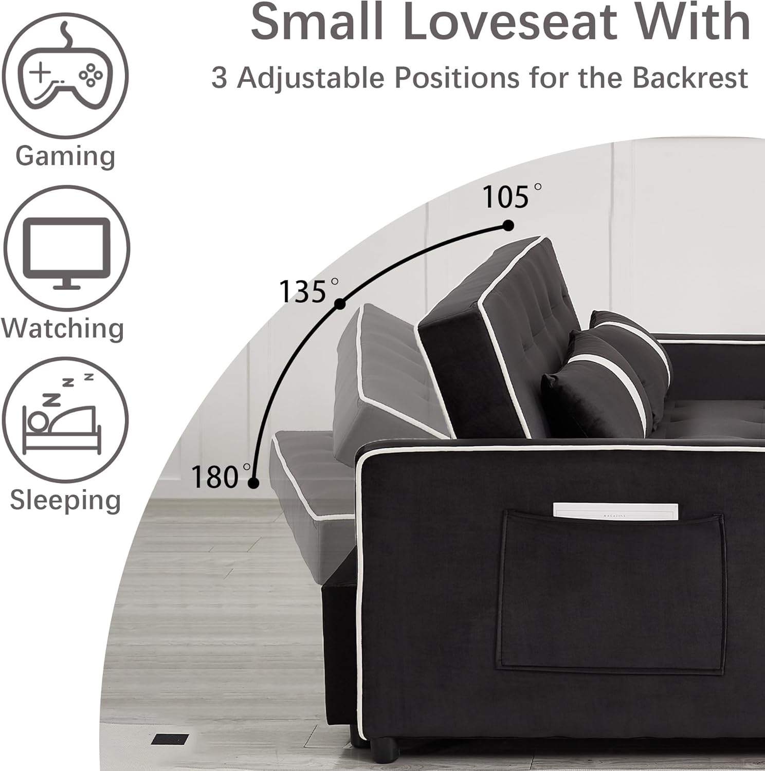 Convertible Velvet Sofa Bed with Pull-Out Bed & Side Storage Pockets, Modern Sleeper Sofa for Living Room, Apartment, Small Spaces, and Bedroom (7705-Black)