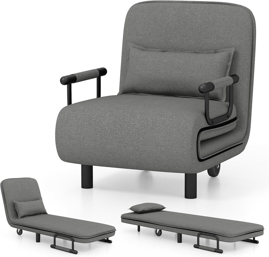 Giantex Convertible Sofa Bed, 3-in-1 Folding Sleeper Chair with 5-Position Adjustable Backrest, Wheels, 2 Legs, Recliner Chaise Lounge with Pillow, Armchairs for Nursery Living Room Office (Gray)
