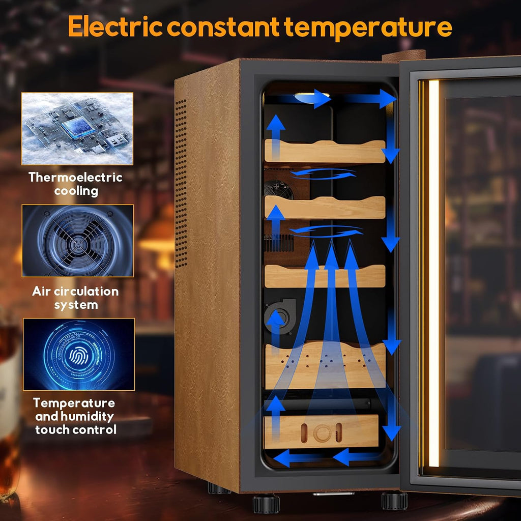 Upgraded 35L Electric Humidor with Leather, 250 Counts Large Capacity,Thermostatic Electric Cooler Cabinet with Digital LED Screen, Safety Lock,Smart Humidity & Temp Control, Gifts for Men
