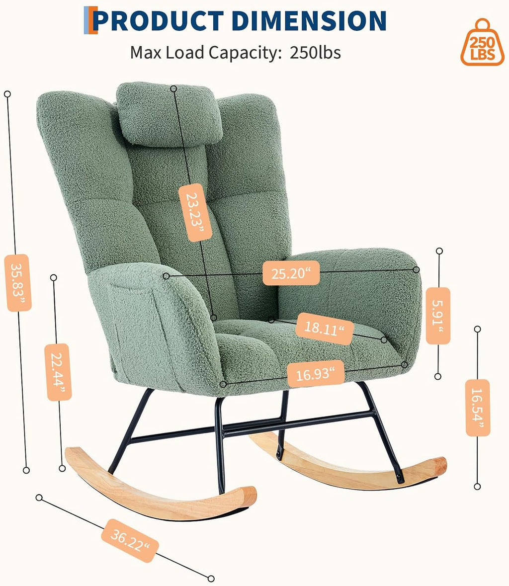 300lb Capacity Nursery Glider Rocker,Teddy Upholstered with Wood Legs for Living Room,Bedroom Nursery Includes Side Pockets