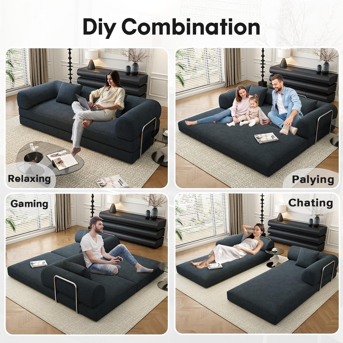 78.8' Modular Sofa Bed - 4-in-1 Convertible Design with Corduroy Fabric and High Density Sponge, Removable Cover and Fixed Frame