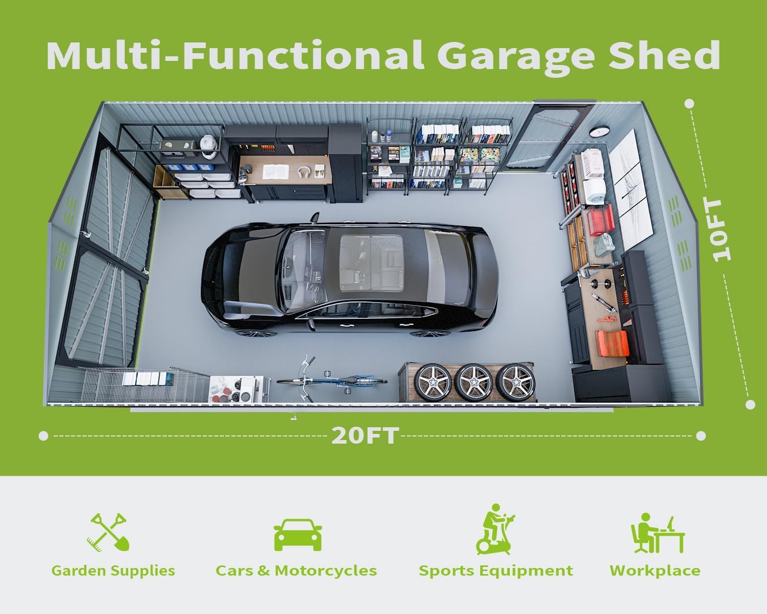20 x 10 FT Outdoor Storage Shed, Large Metal Garden Shed with 2 Lockable Doors, Tool Shed Outdoor Storage with 4 Air Vents, Garage Shed Waterproof for Car, Truck, Bike, Garbage Can, Tool, Dark Gray