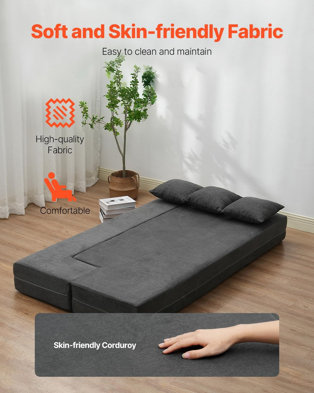 VEVOR Folding Sofa Bed, 3-in-1 Foldable Couch Bed with 3 Pillows and Washable Cover, 25D High Density Memory Foam Convertible Sleeper Chair Bed, Futon Couch, Dark Grey(Twin XL)