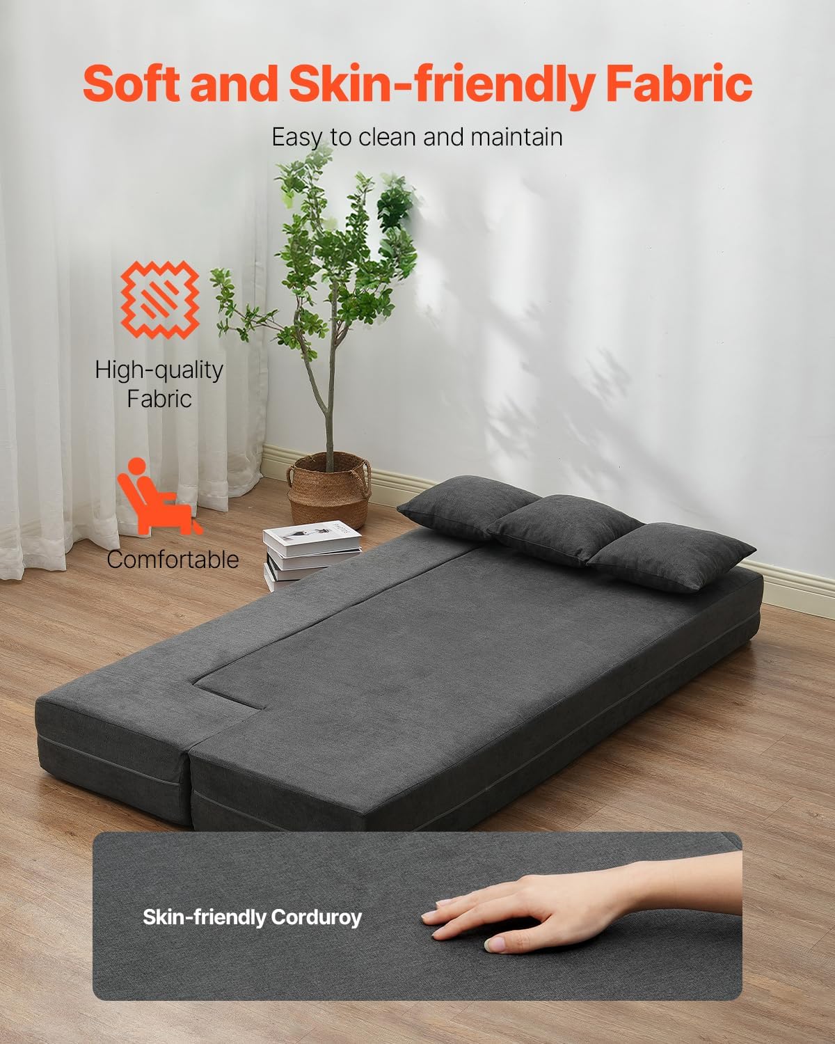 VEVOR Folding Sofa Bed, 3-in-1 Foldable Couch Bed with 3 Pillows and Washable Cover, 25D High Density Memory Foam Convertible Sleeper Chair Bed, Futon Couch, Dark Grey(Twin XL)