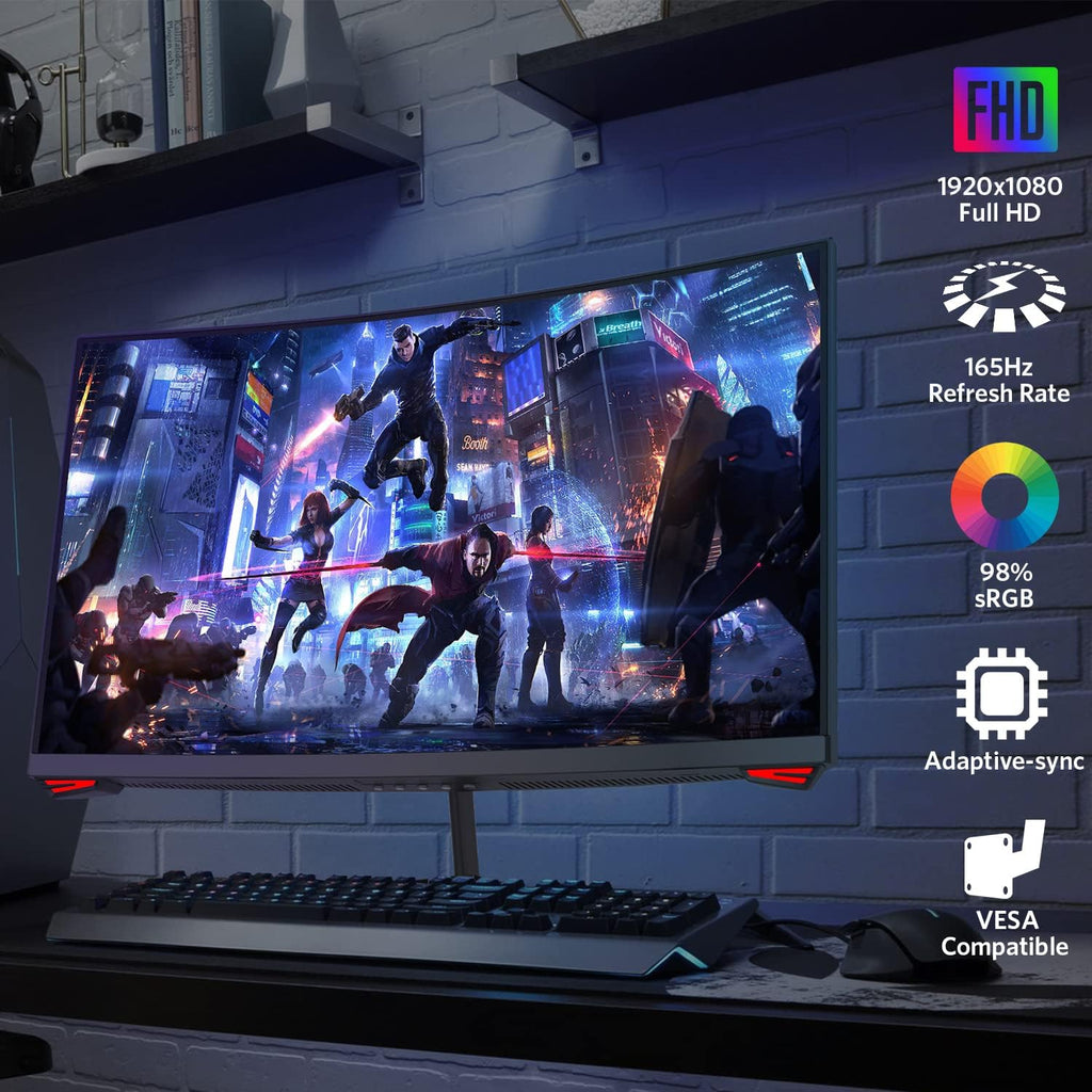 24'' 165Hz Refresh Rate Curved Monitor Full HD 1080P with HDMI Display Ports, VESA Compatible, Free-Tearing Eye Care Monitor for Home Office and Gaming (DP Cable Included)