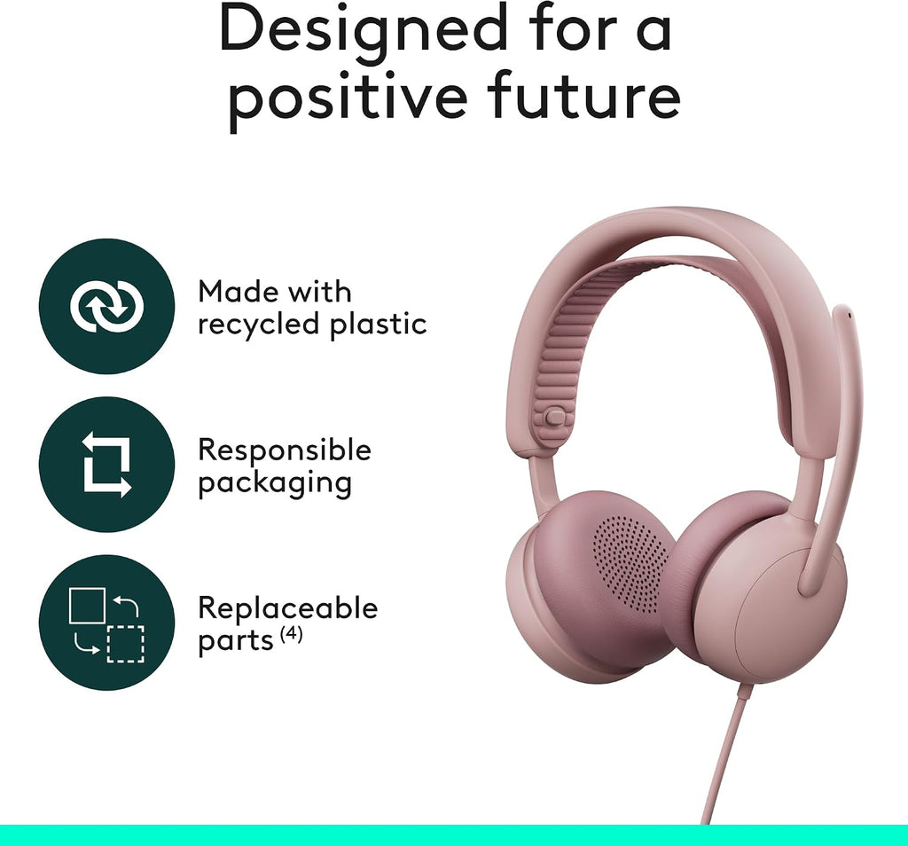 Logitech Zone Wired 2 - Noise-Canceling Headset with Adaptive Hybrid ANC, USB-C with USB-A Adapter - Rose