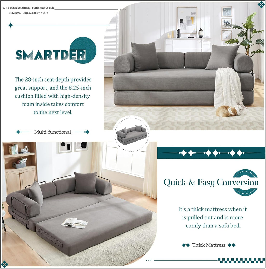 Convertible Folding Sofa Bed, Modular Floor Sofa with Removable Backrest, 3-Seater Fold Out Couch Bed with Pillows, King Size Futon Lazy Couch Corduroy Sleeper for Living Room, Dorm, Grey