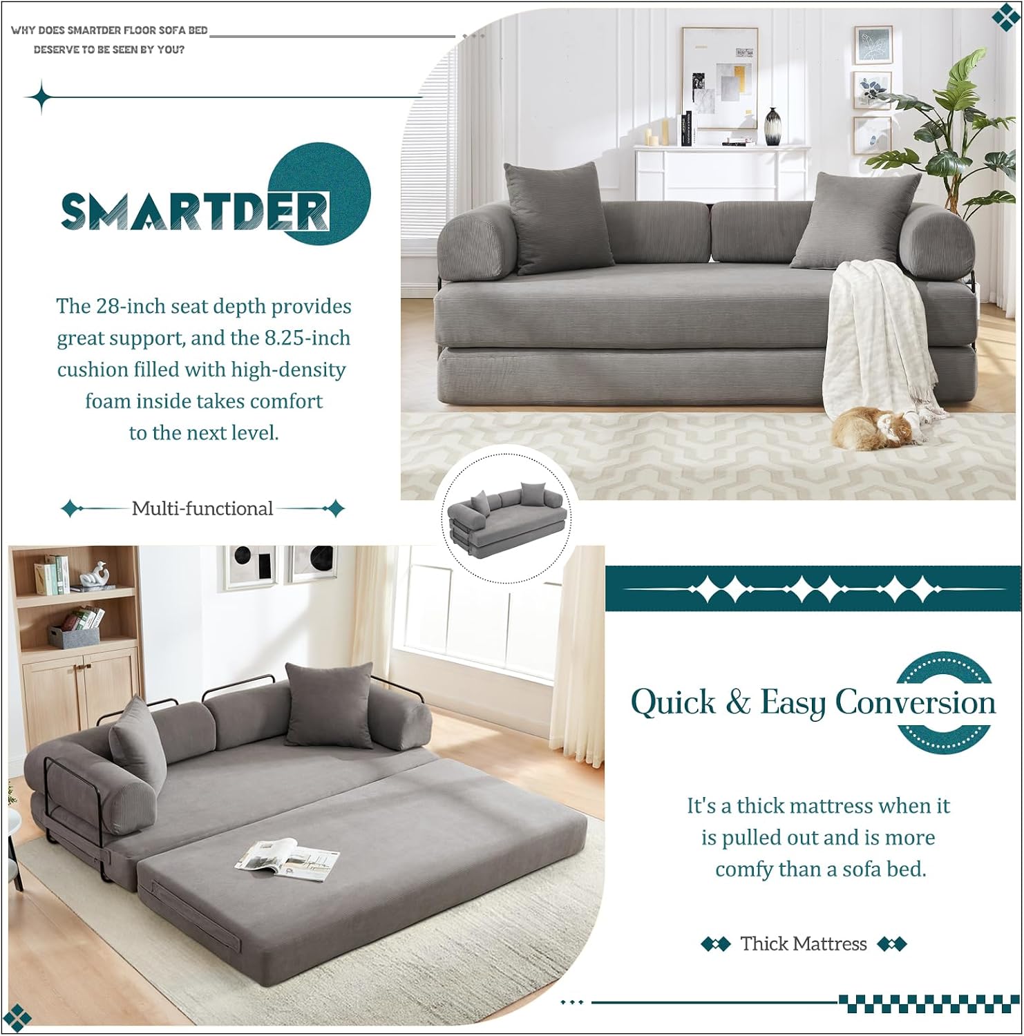 Convertible Folding Sofa Bed, Modular Floor Sofa with Removable Backrest, 3-Seater Fold Out Couch Bed with Pillows, King Size Futon Lazy Couch Corduroy Sleeper for Living Room, Dorm, Grey