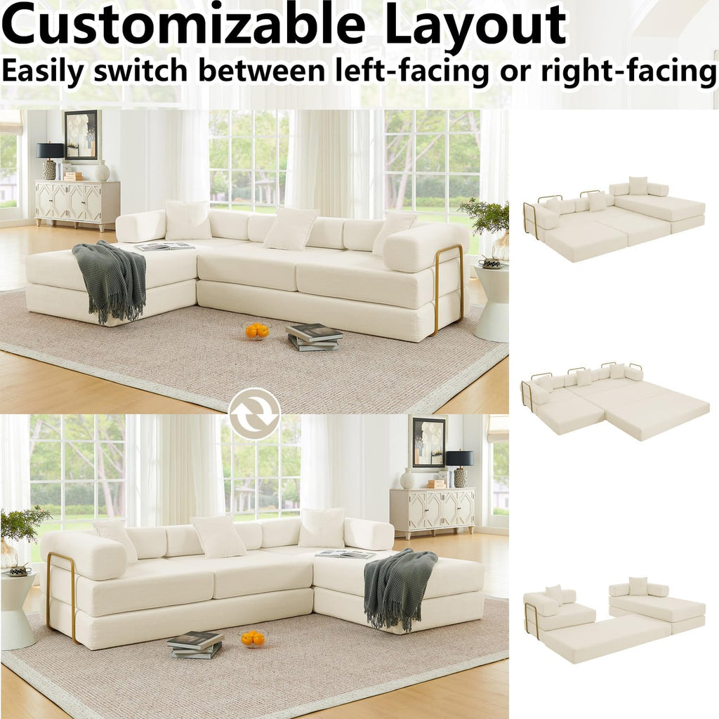 HANXIN 108' Modular Sectional Sofa, Futon Convertible Sofa Bed,Oversized Corduroy Boneless Couch for Living Room,Floor Loveseat Sleeper with Pull Out Bed,Free Combination,No Assembly Required (Beige)