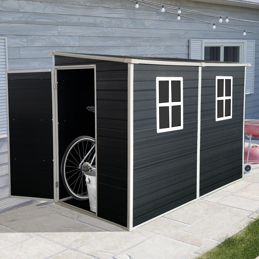 Ball & Cast 8x4 FT Resin Outdoor Storage Shed with Waterproof Floor and 2 Window,Garden Organizer Tool House w/Lockable Doors & Ventilation,Cabinet for Patio,Lawn,Black