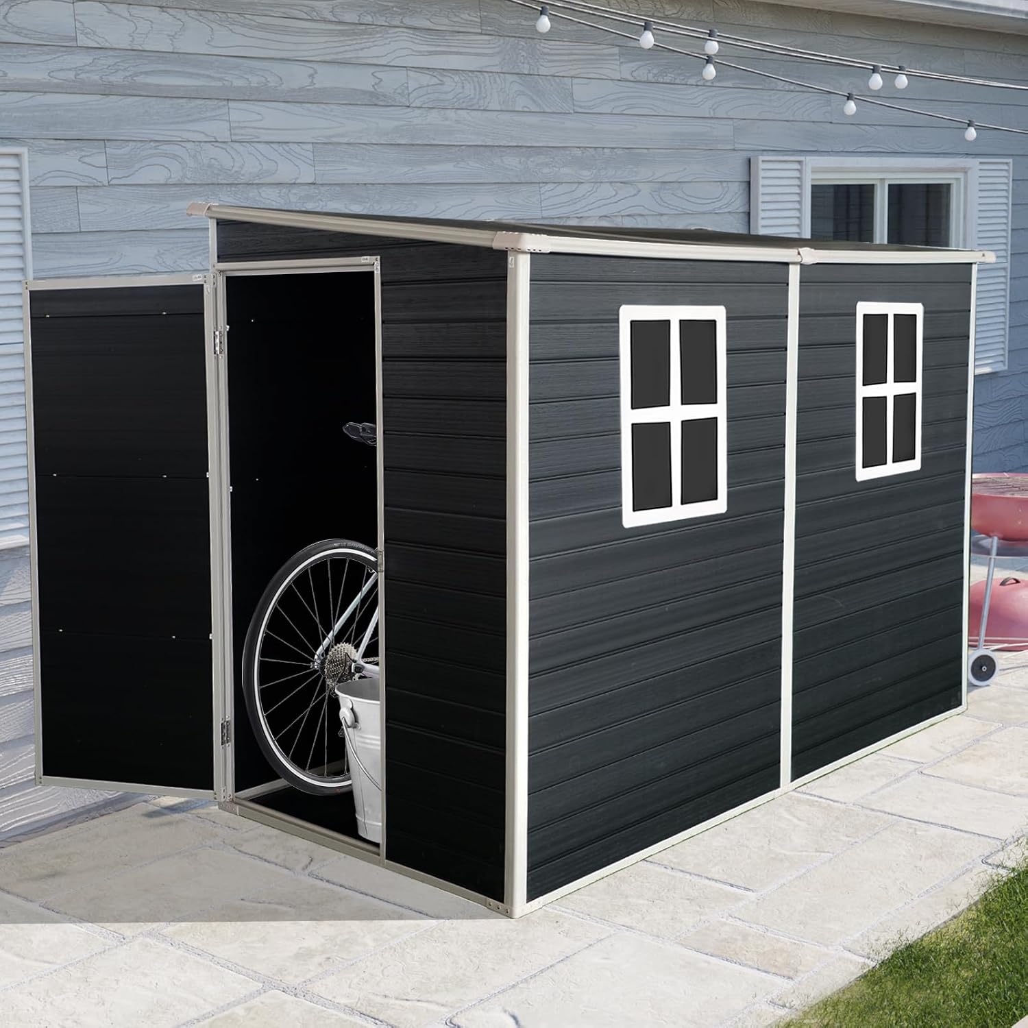 Ball & Cast 8x4 FT Resin Outdoor Storage Shed with Waterproof Floor and 2 Window,Garden Organizer Tool House w/Lockable Doors & Ventilation,Cabinet for Patio,Lawn,Black