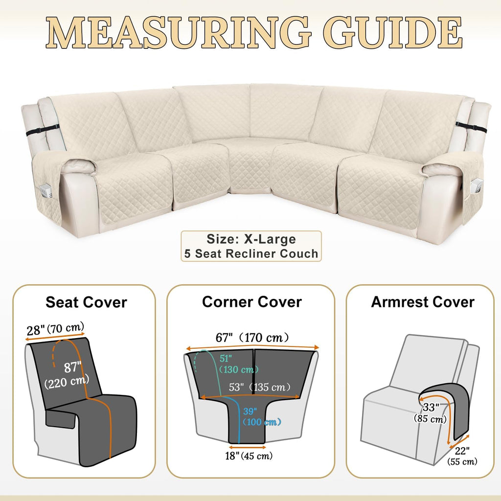 HDCAXKJ 100% Waterproof Recliner Sectional Couch Covers X-Large L Shaped Corner Reclining Sofa Cover Washable Thick Non Slip Sectional Slipcover with Pockets (XL 5 Seat Recliner Couch, Beige)
