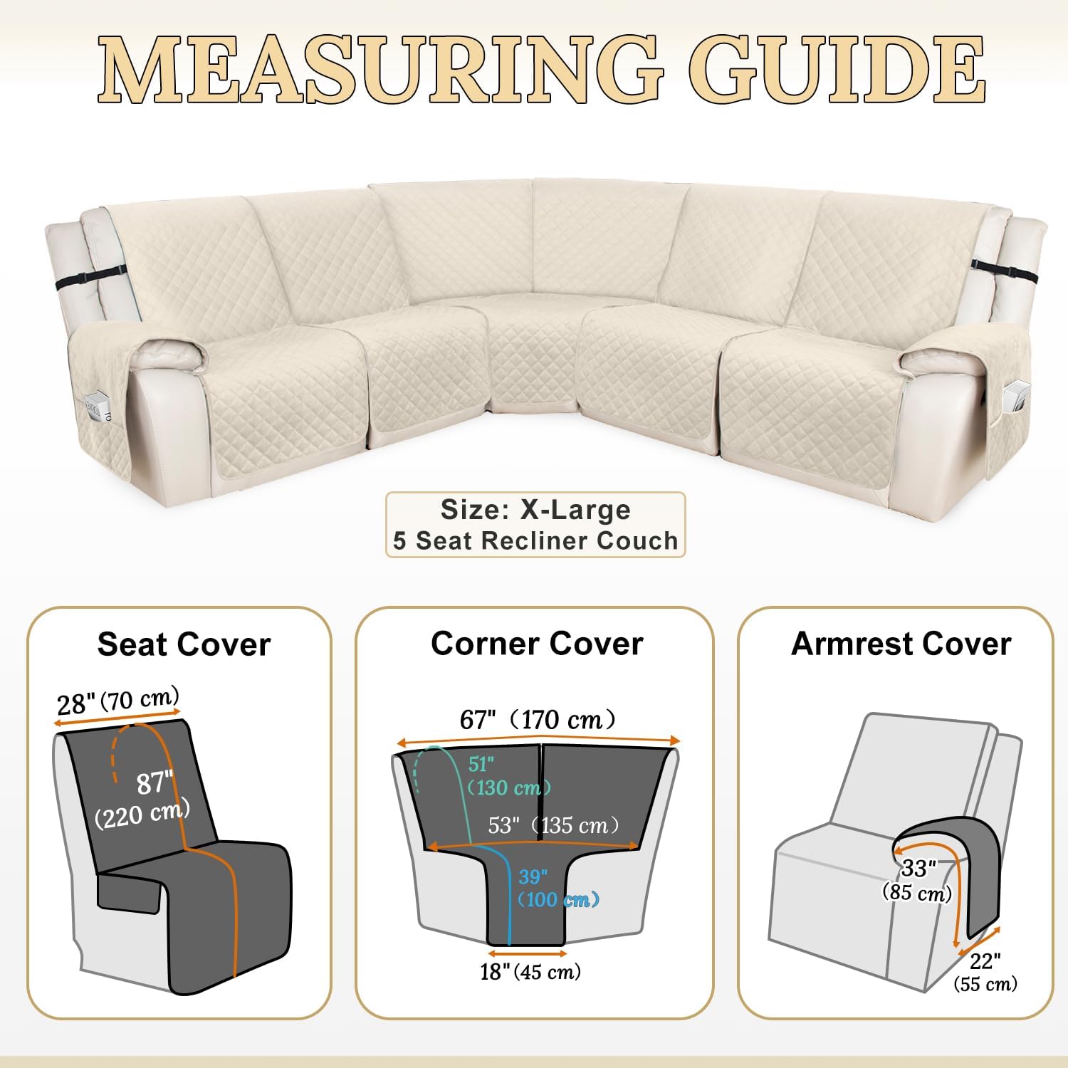 HDCAXKJ 100% Waterproof Recliner Sectional Couch Covers X-Large L Shaped Corner Reclining Sofa Cover Washable Thick Non Slip Sectional Slipcover with Pockets (XL 5 Seat Recliner Couch, Beige)