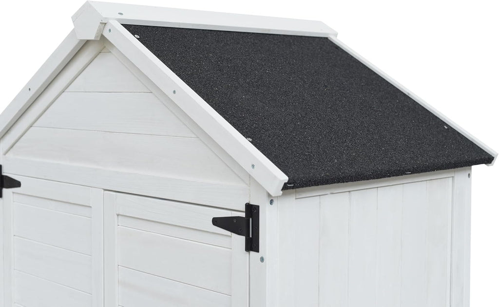 GDFStudio 67' Fir Wood Storage Shed 2 Doors Design Outdoor Tool Storage House Cabinet with Sloped Roof & 4 Interior Compartments for Garden Patio Backyard, White