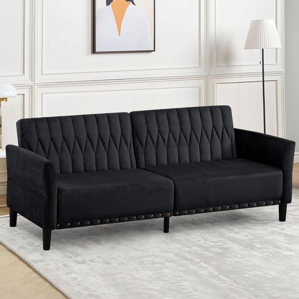 77 Inches Velvet Sofa Bed w/Adjustable Backrests & Armrests, Convertible Sleeper Sofa w/Nailhead Trim, Modern Loveseat Couch with Sturdy Legs for Living Room,Office,Black