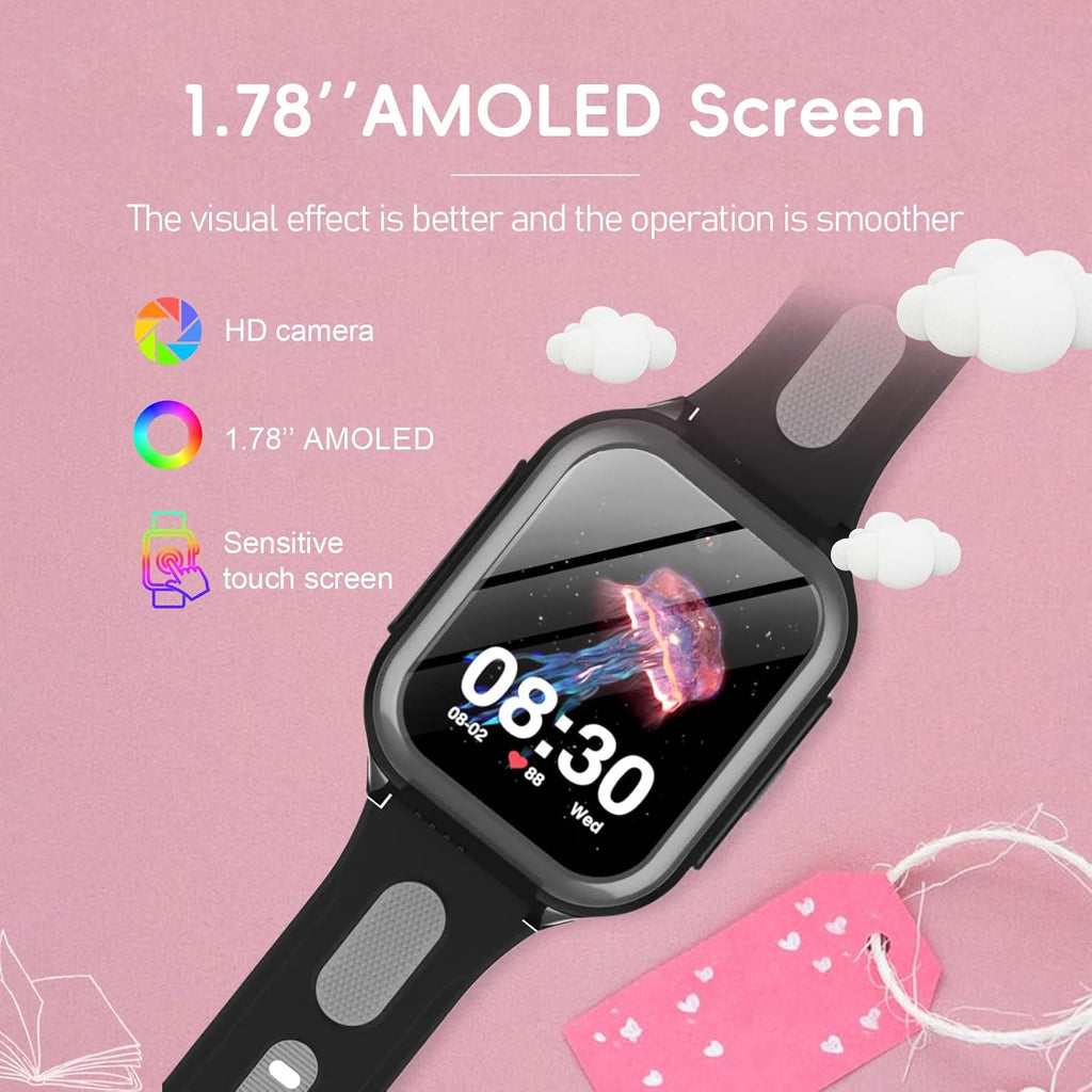 Wonlex 4G Smartwatch for Kids with SIM Card, 1.78 Inch Touch Screen Phone Watch with Video Calling, Voice Chat, SOS, Camera, Music, Pedometer, Birthday Gift for Girls and Boys 8-12 Years Old