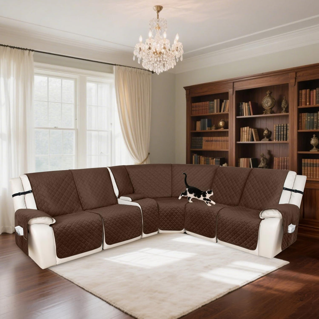 HDCAXKJ 100% Waterproof Velvet Recliner Sectional Couch Covers L Shaped Corner Reclining Sofa Cover Washable Thick Non Slip Sectional Slipcover with Pockets (5 Seat and 1 Middle Console, Coffee)