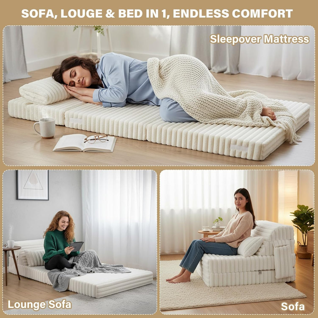 Tiita Folding Sofa Bed Twin Size, Convertible Sleeper Chair Mattress with Pillow, Thick Corduroy Floor Mattress Couch Bed with Side Pocket, Guest Room, Dorm, Apartment, Beige