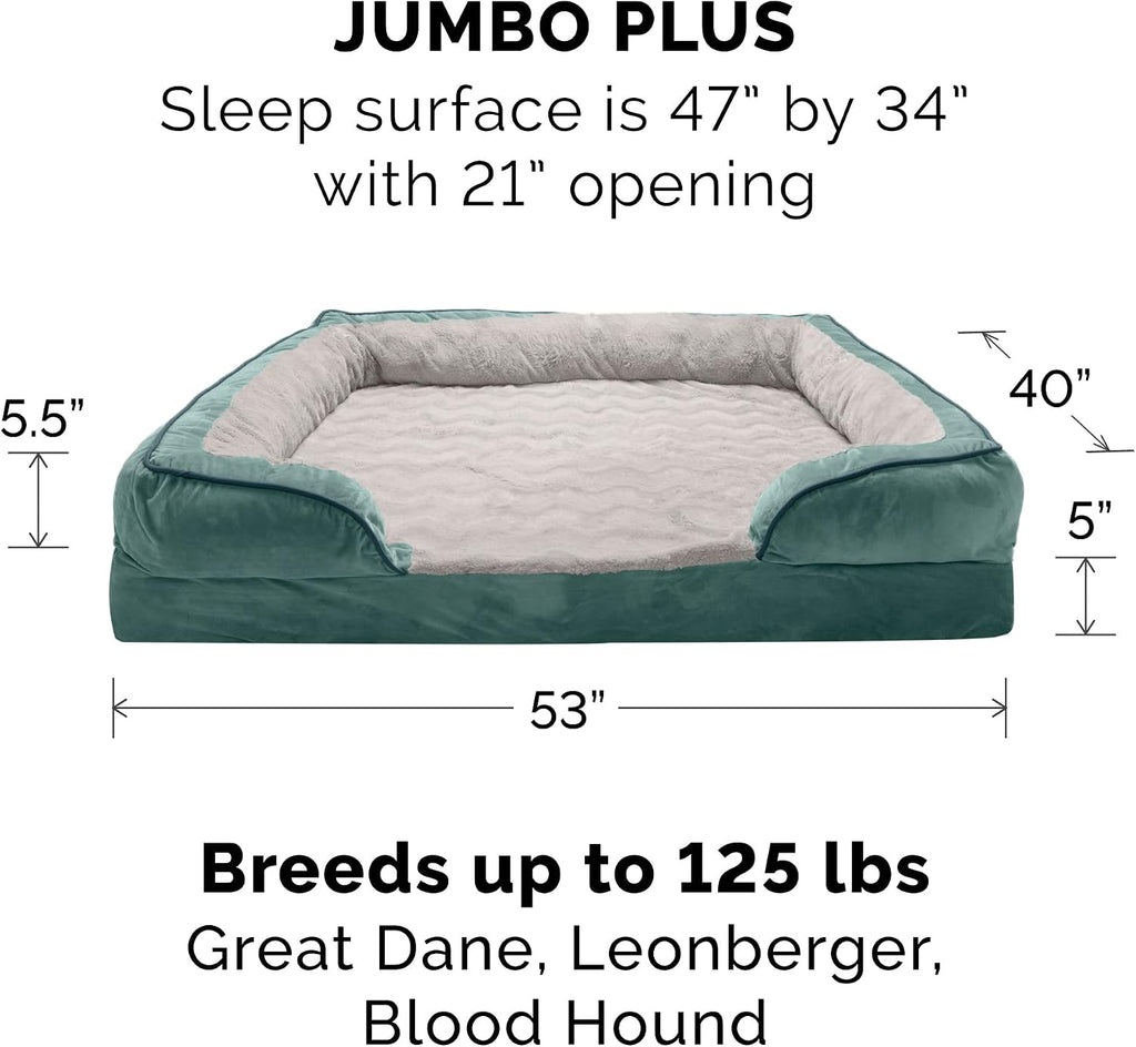 Furhaven Orthopedic Dog Bed for Large Dogs w/ Removable Bolsters & Washable Cover, For Dogs Up to 125 lbs - Plush & Velvet Waves Perfect Comfort Sofa - Celadon Green, Jumbo Plus/XXL