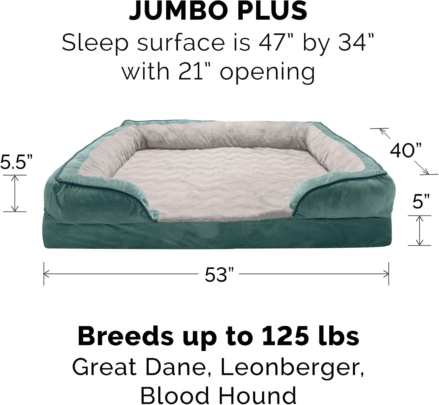 Furhaven Orthopedic Dog Bed for Large Dogs w/ Removable Bolsters & Washable Cover, For Dogs Up to 125 lbs - Plush & Velvet Waves Perfect Comfort Sofa - Celadon Green, Jumbo Plus/XXL