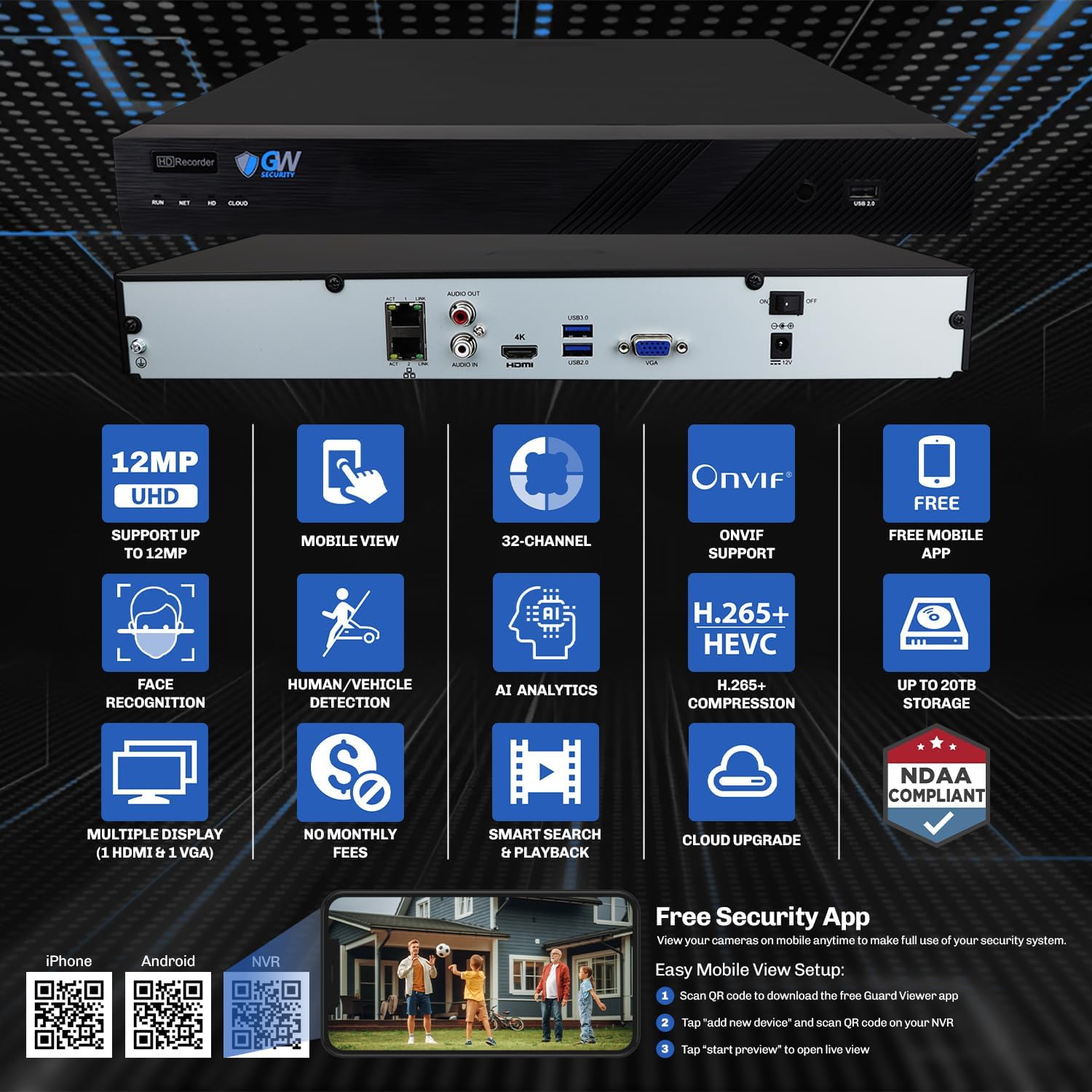 GW Security 32 Channel 4K NVR 5MP H.265 IP Surveillance Security Camera System with 32-Piece Super HD 1920P Weatherproof PoE Security Dome Cameras, AI Human & Vehicle Detection