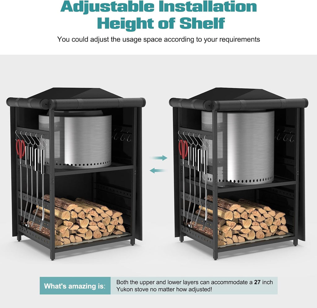 Storage Station for Solo Stove Bonfire 2.0, Yukon, Ranger, Storage for Fire Pit Tools and Accessories, Firewood Rack Outdoor with Waterproof Cover, Iron Black