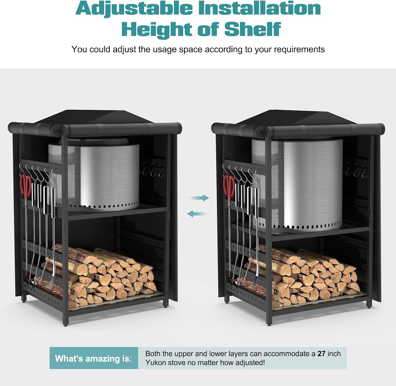 Storage Station for Solo Stove Bonfire 2.0, Yukon, Ranger, Storage for Fire Pit Tools and Accessories, Firewood Rack Outdoor with Waterproof Cover, Iron Black