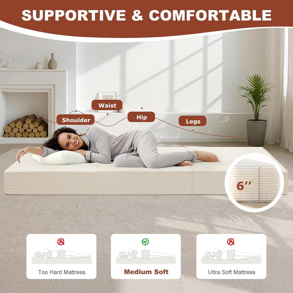 6-Inch Tri-Fold Foldable Mattress, Folding Sofa Bed with Removable Washable Cover, Portable Futon Mattress Full Size Floor Guest Mat with Non-Slip Bottom & Carry Handles for Camping (Beige, Full)