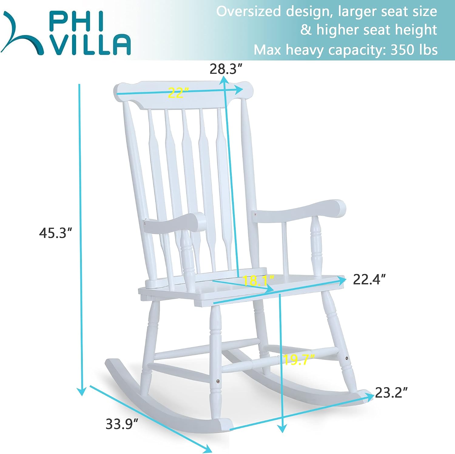 PHI VILLA Outdoor Wood Rocking Chair, Oversized Acacia Wood Slat Back Rocker Chairs for Patio, Deck, Balcony, Porch and Indoor, 30° Safe Recline Support 350 lbs - White