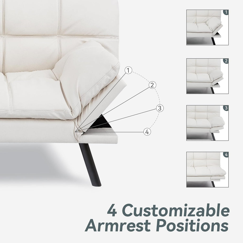 Futon Sofa Bed Convertible Couch, White Faux Leather Sofa Bed with Memory Foam, Adjustable Backrest & Armrests, Multifunctional Small Loveseat Sleeper Sofa for Living Room, Apartment, Office