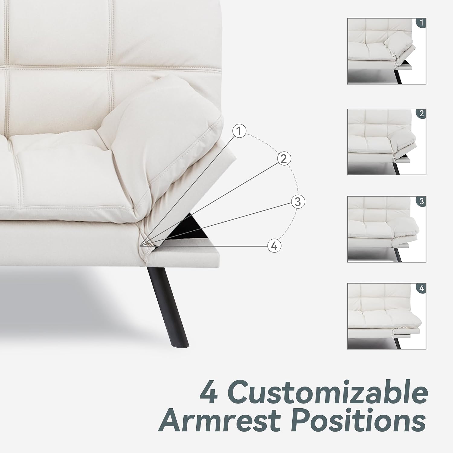 Futon Sofa Bed Convertible Couch, White Faux Leather Sofa Bed with Memory Foam, Adjustable Backrest & Armrests, Multifunctional Small Loveseat Sleeper Sofa for Living Room, Apartment, Office