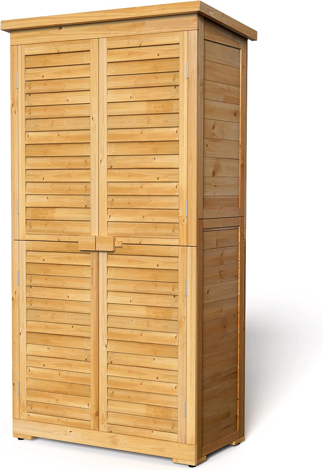 Gizoon Outdoor Storage Cabinet with 3 Shelves, Double Lockable Wooden Garden Shed with Waterproof Roof, Outside Vertical Tall Tool Shed for Yard Patio Lawn Deck-Natural