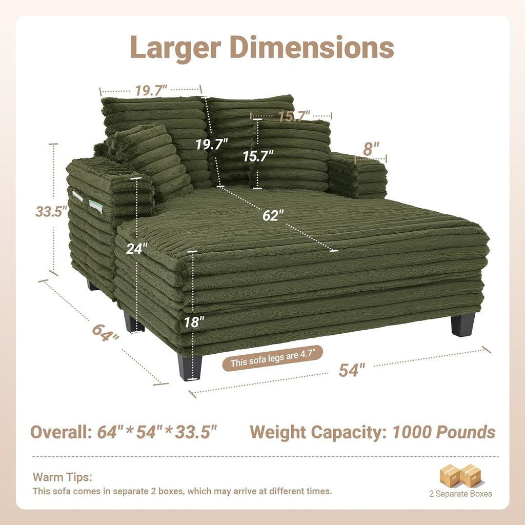 Amsleekey 64' Chaise Lounge Chair Indoor, Oversized Sleeper Chair with Wood Frame, Upholstered Sofa Bed for Living Room, Movie Room, Bedroom with 4 Storage Pockets&2 Cup Holders(Plush Corduroy, Green)