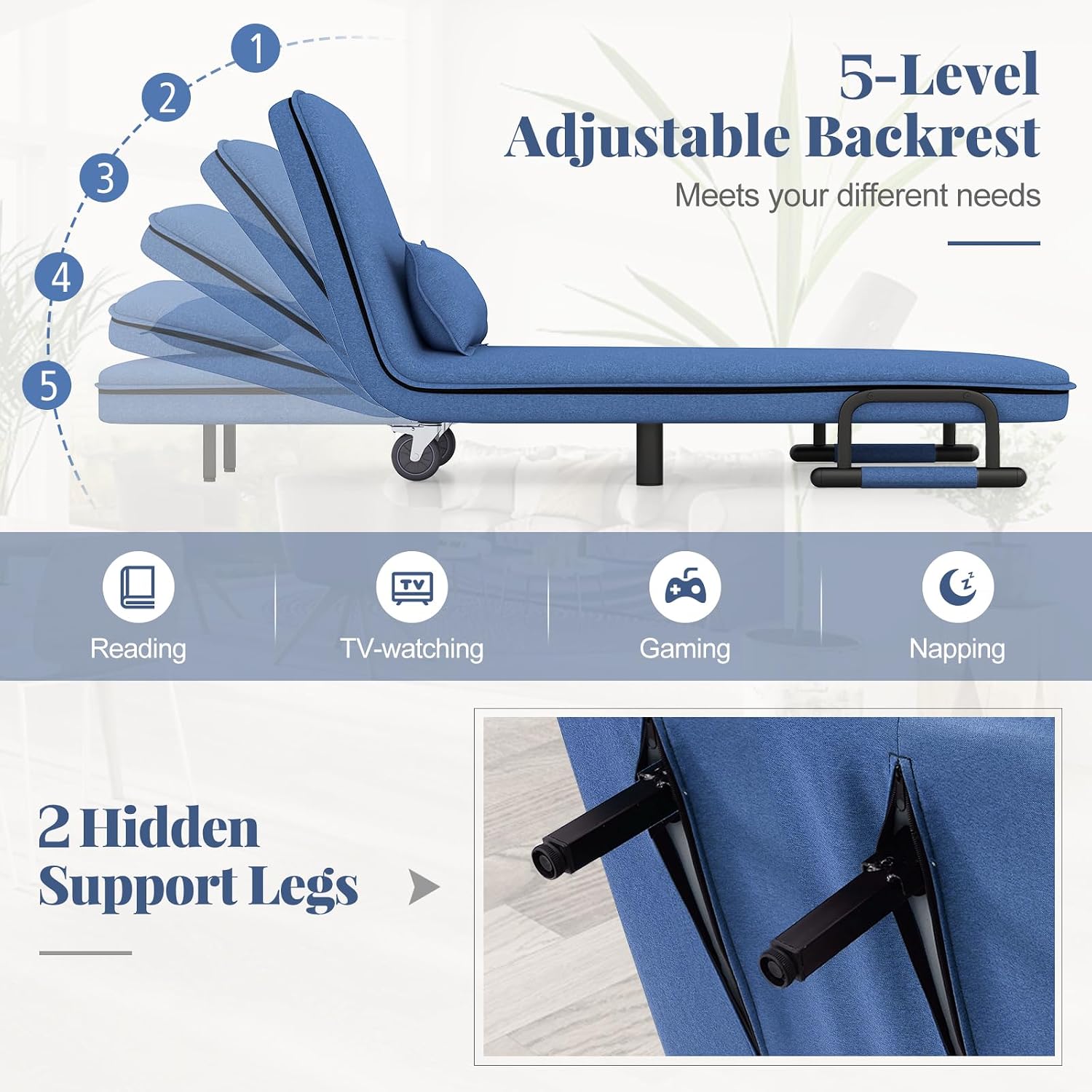 Giantex Convertible Sofa Bed, 3-in-1 Folding Sleeper Chair with 5-Position Adjustable Backrest, Wheels, 2 Legs, Recliner Chaise Lounge with Pillow, Armchairs for Nursery Living Room Office (Blue)