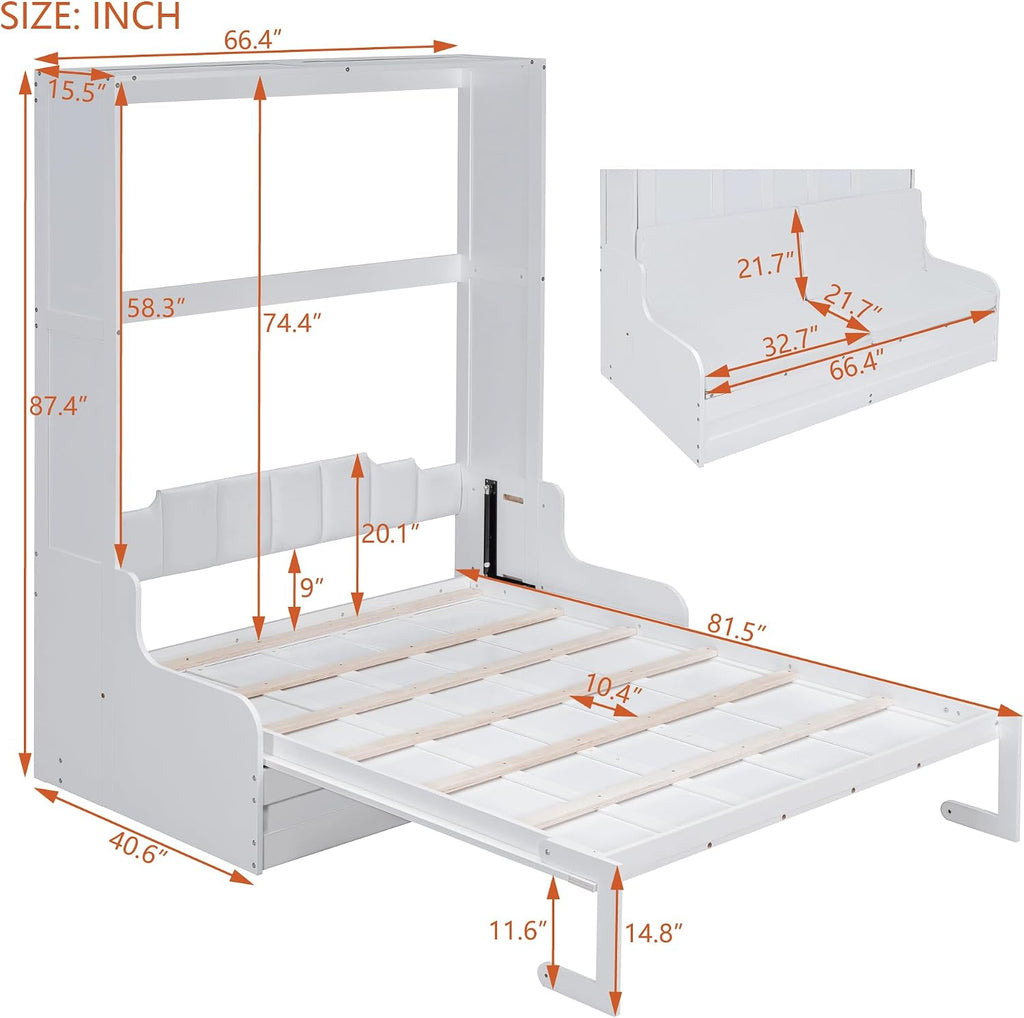 Merax Queen Size Murphy Bed, Wooden Queen Murphy Bed Wall Bed with Sofa and Cushion, for Home Office or Small Room, White