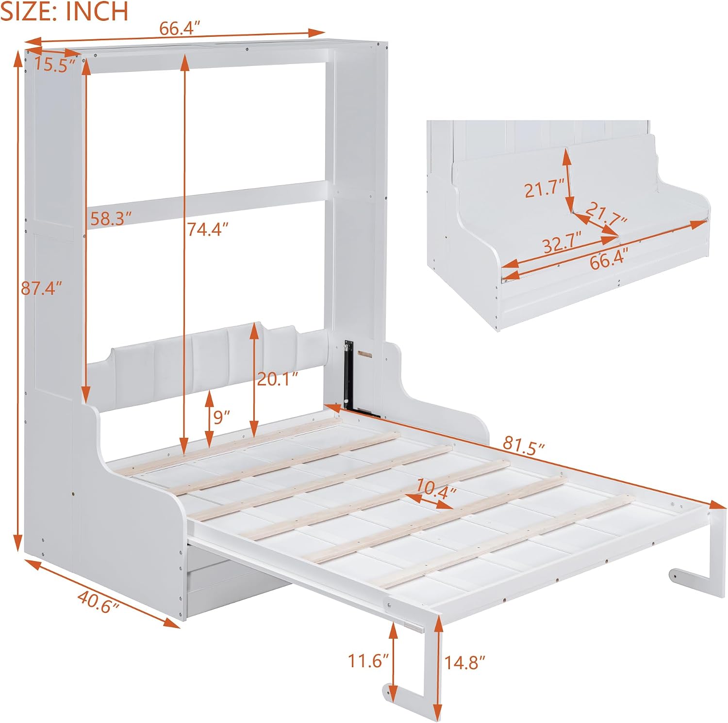 Merax Queen Size Murphy Bed, Wooden Queen Murphy Bed Wall Bed with Sofa and Cushion, for Home Office or Small Room, White