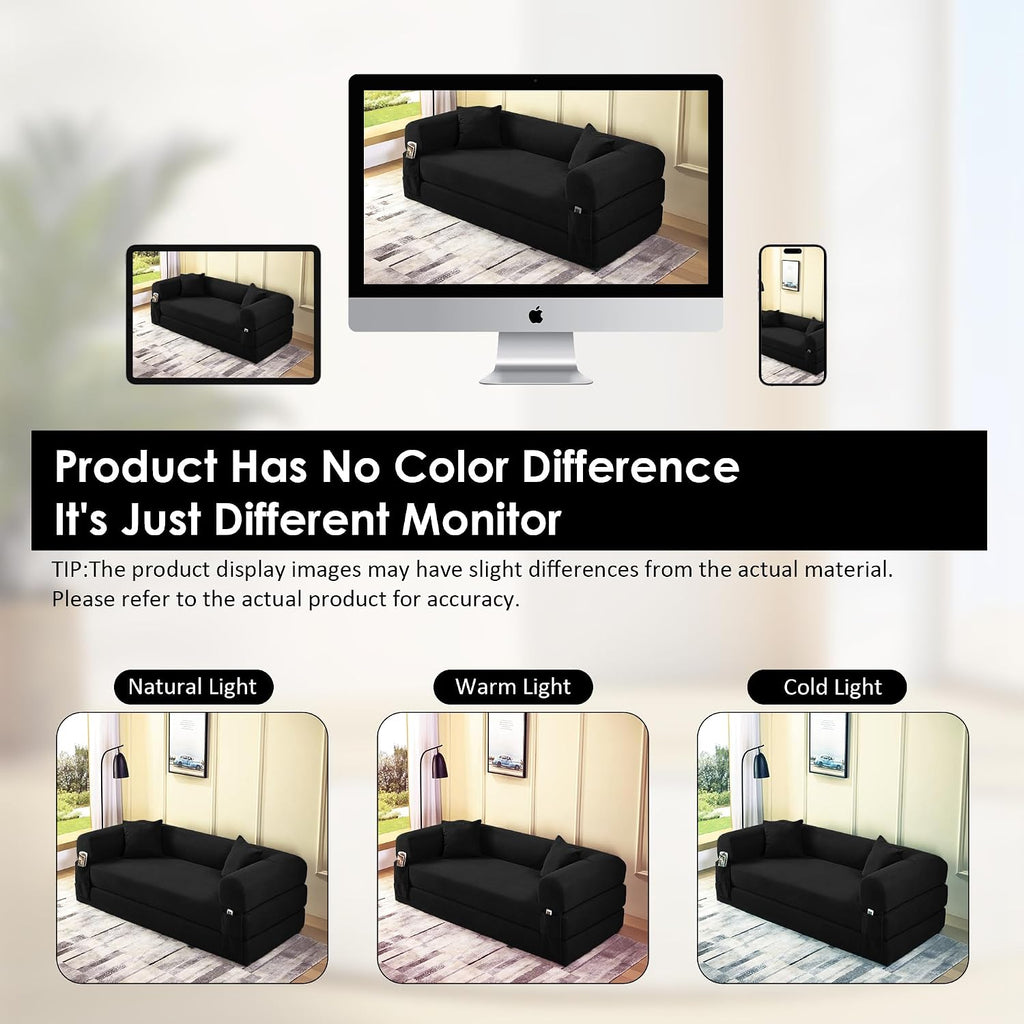 80' Convertible Sofa Bed, 3-in-1 Corduroy Folding Pull Out Couch with Pillows, No Assembly Modern Boneless Couch Compression Sofa in Box, Floor Sofa with Side Storage for Living Room,Black