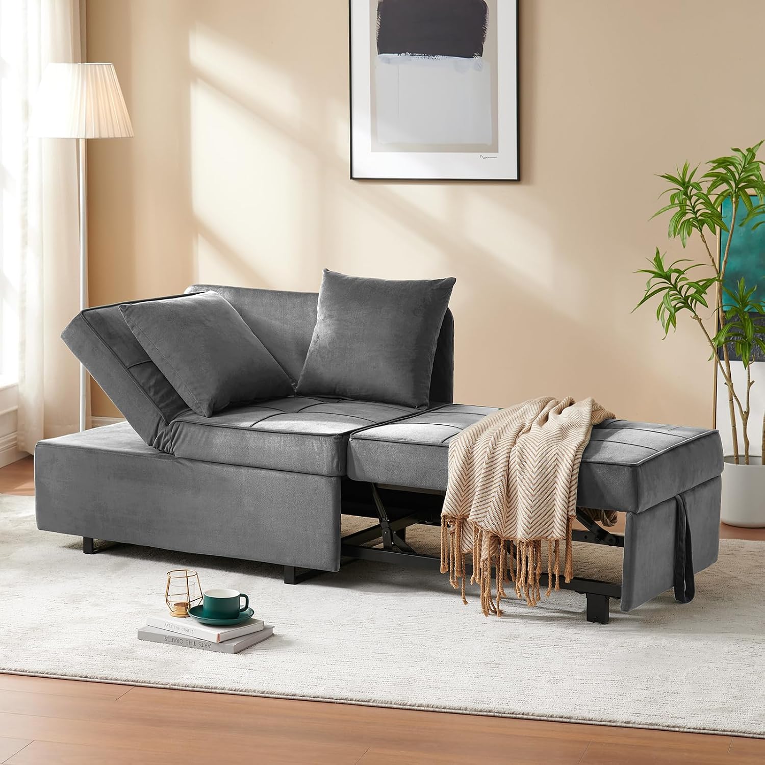 Sofa Bed 4-in-1 Convertible pull out Couch, Velvet Love seat Couch Sleeper Chair Bed with 2 Throw Pillow, Single Recliner with 5 Adjustable Backrests for Living Room Apartment Small Space, Light Grey