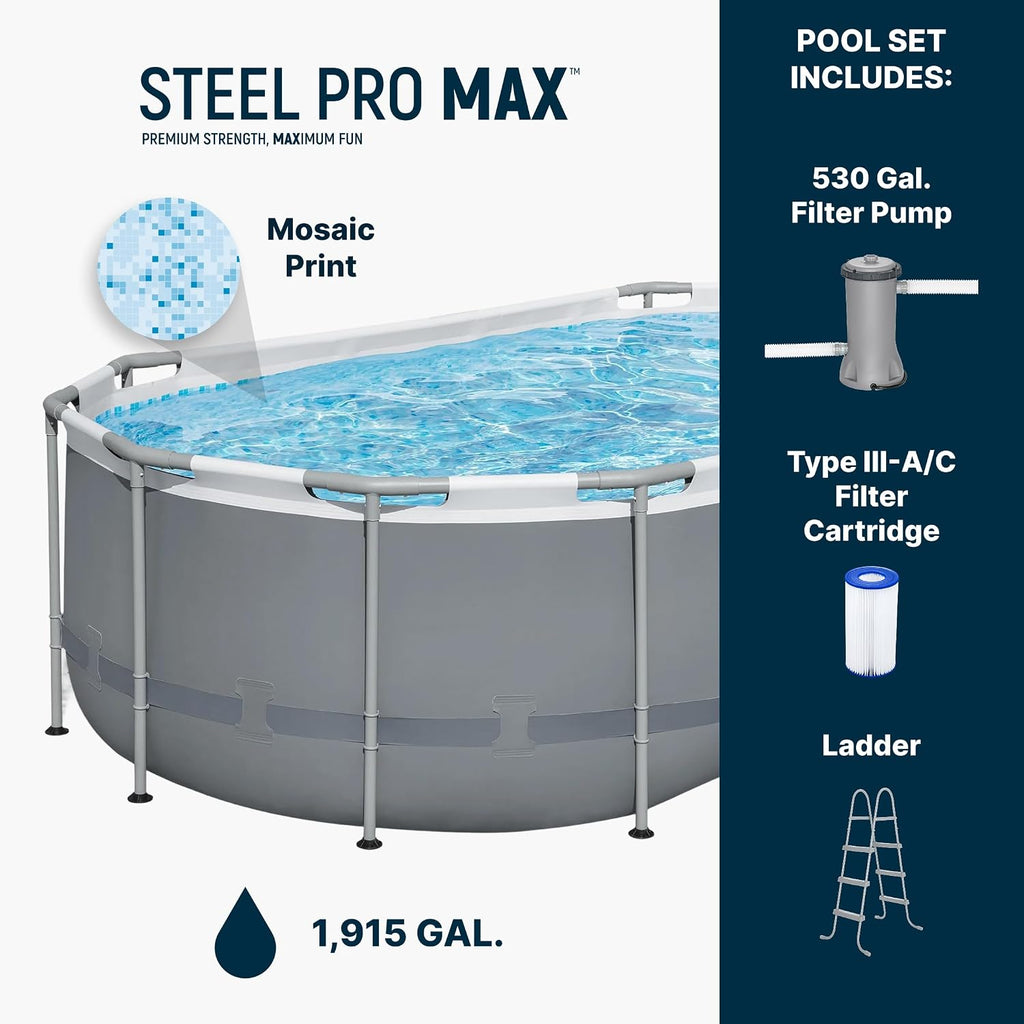 Bestway Steel Pro MAX 14' x 8'2' x 39.5' Oval Above Ground Swimming Pool Set, 530 GPH Filter Pump, Ladder, Tritech Puncture Resistant Liner, ClickConnect Steel Frame, Gray
