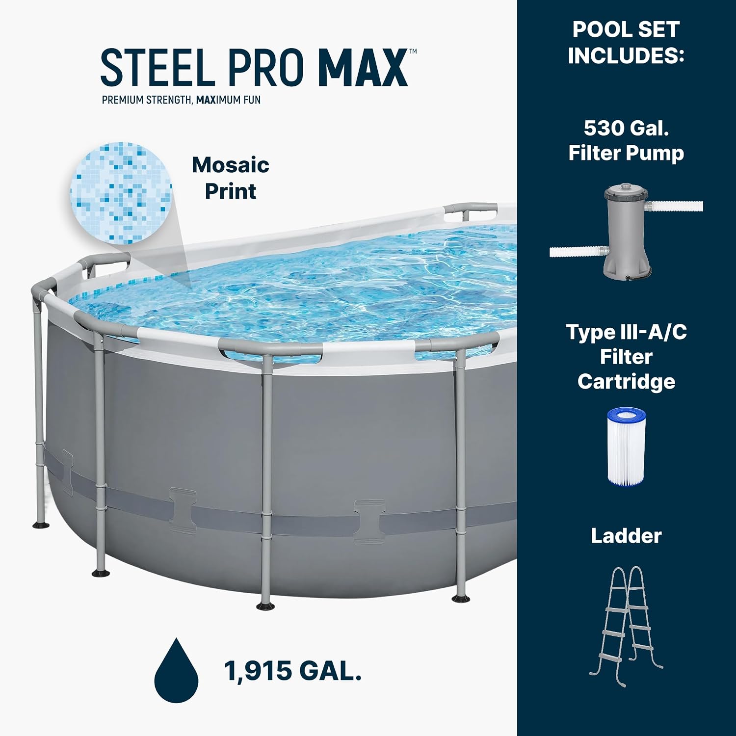 Bestway Steel Pro MAX 14' x 8'2' x 39.5' Oval Above Ground Swimming Pool Set, 530 GPH Filter Pump, Ladder, Tritech Puncture Resistant Liner, ClickConnect Steel Frame, Gray